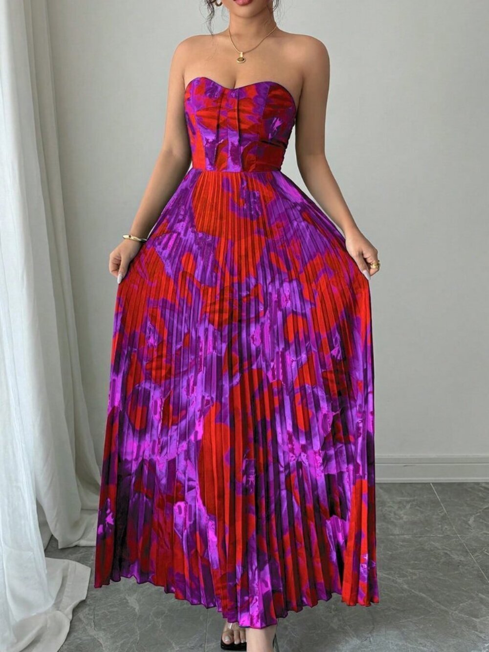 Purple Casual Women's Bandeau Waist-Cinched Pleated Full Print Dress - Picture 4 of 6